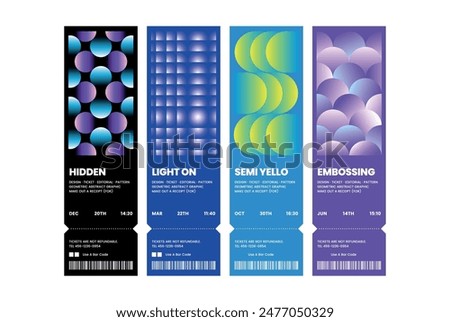 Colorful circle gradient pattern ticket template set modern trendy creative graphic design exhibition layout abstract dot gradation poster minimal light on emboss receipt banner print book concept