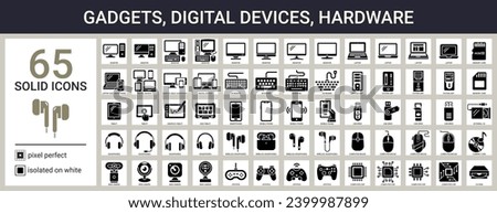 Big set of solid icons on white background. Contains such icons as desktop, monitor, laptop, system unit, keyboard, USB drive, headphones, tablet, web camera, joystick, external CD etc. Pixel perfect.