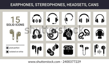 Big set of solid icons on white background. Earphones, in-ear headphones, stereo phones, headsets, cans etc. Pixel perfect.