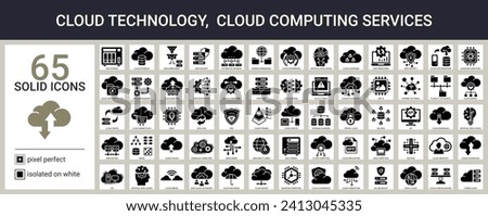 Big set of solid icons on white background. Cloud technology, cloud computing services. Contains such icons as AI, big data, database sharding, cloud pyramid, VPN etc. Signs with names. Pixel perfect.