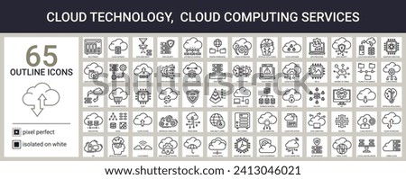 Big set of outline icons on white. Cloud technology, cloud computing services. Contains such icons as AI, big data, database sharding, cloud pyramid, VPN etc. Signs with names. Pixel perfect.