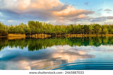 Image, Stock Photo Rippling lake surrounded by rocky mountains against cloudy blue sky