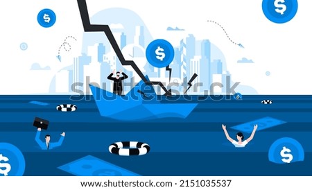 Man in paper boat is drowning due to impact of financial crisis. Drowning people overboard. Animation ready duik friendly vector. Financial crisis, economic recession, bankruptcy, depression.