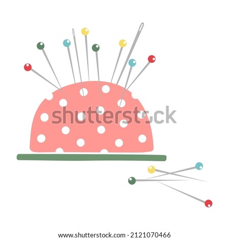 Needle cushion. Sewing accessories. Pins and needles for Portanov. Flat illustration on on a white background.