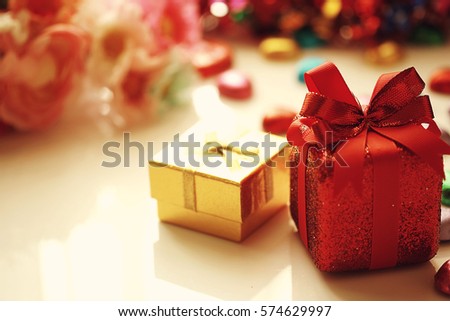 red gift box golden ring box and heart chocolateflower blurry backgroundselective focus - Christmas Ornament Ring Box red gift box golden ring box and heart chocolateflower blurry backgroundselective focus - Christmas Ornament Ring Box