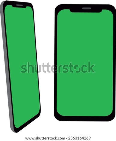 Mobile phone in rotated position and front position. Green Screen Mock up. Illustration, vector