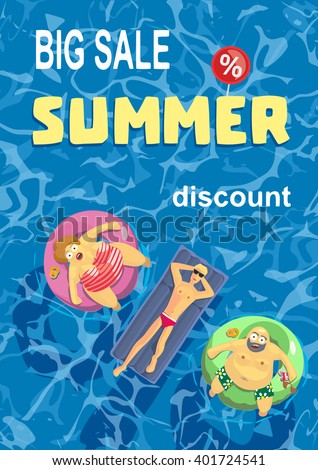 Vector illustration. The guy and the fat men in the form of a percentage sign. Summertime and holiday buy. Big sales. Blue ocean