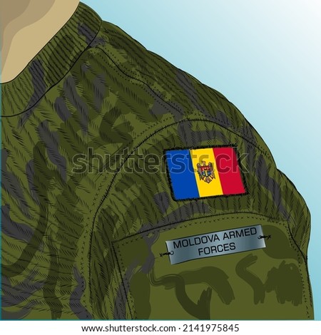 Flag of Moldova on soldier arm. Armed Forces of the Republic of Moldova.