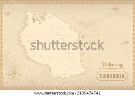 Map of Tanzania in the old style, brown graphics in retro fantasy style