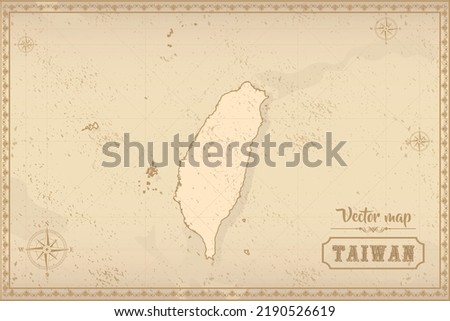 Map of Taiwan in the old style, brown graphics in retro fantasy style