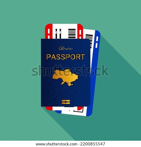 Vector passport with tickets. Air travel concept. Flat Design citizenship ID for traveler isolated. Blue international document - Ukraine