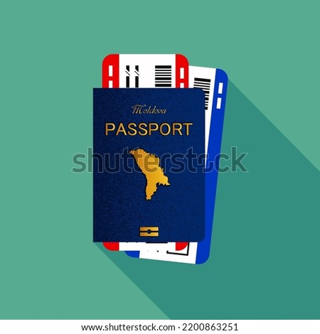 Vector passport with tickets. Air travel concept. Flat Design citizenship ID for traveler isolated. Blue international document - Moldova