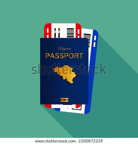 Vector passport with tickets. Air travel concept. Flat Design citizenship ID for traveler isolated. Blue international document - Belgium