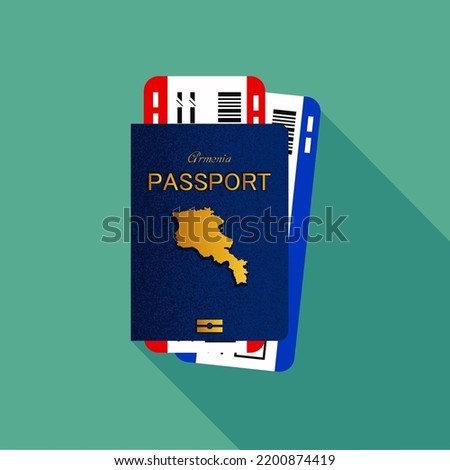 Vector passport with tickets. Air travel concept. Flat Design citizenship ID for traveler isolated. Blue international document - Armenia