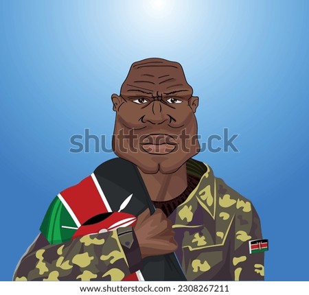 Embrace the essence of bravery and patriotism! Witness the power of an Kenyan soldier with the national flag. Fuel your designs with pride. Get this essential vector file and inspire greatness!