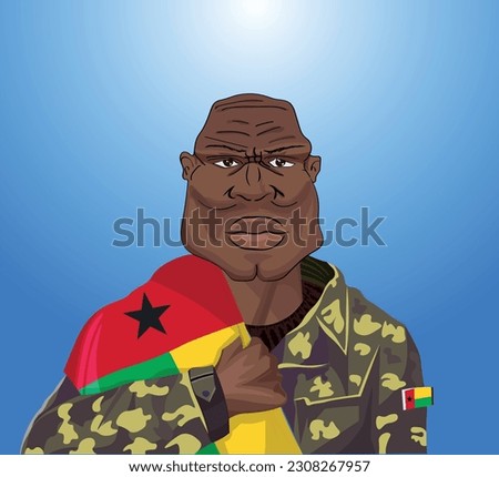 Embrace the essence of bravery and patriotism! Witness the power of an Bissau-Guinean soldier with the national flag. Fuel your designs with pride. Get this essential vector file and inspire greatness