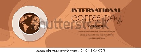 Vector illustration, coffee cup with foam forms a map of the world. Suitable for banners, posters, greeting cards, logo, icon or template. International coffee day. Horizontal banner.