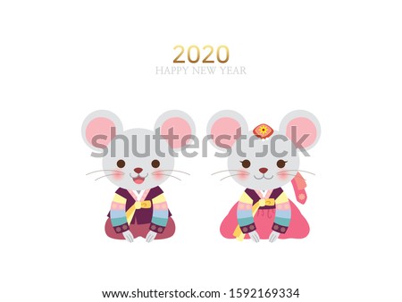 Two cute mice in Korean traditional clothes.Korean Traditional Happy New Year Day. 