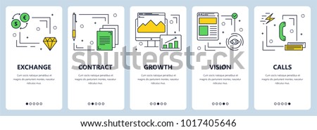 Vector set of vertical banners with Exchange, Contract, Growth, Vision, Calls concept website templates. Modern thin line flat style design elements for web, print.