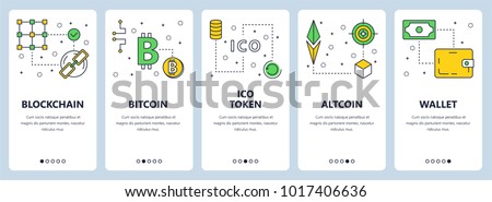 Vector set of vertical banners with Blockchain, Bitcoin, ICO token, Altcoin, Wallet concept website templates. Modern thin line flat style design.