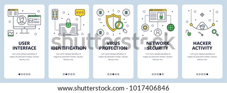 Vector set of vertical banners with User interface, Identification, Virus protection, Network security, Hacker activity website templates. Modern thin line flat style design.