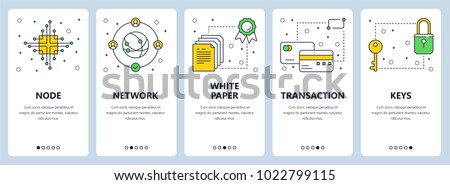 Vector set of vertical banners with Node, Network, White paper, Transaction, Keys concept website templates. Modern thin line flat style design.