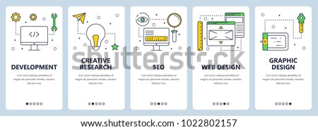 Vector set of vertical banners with Development, Creative research, SEO, Web design, Graphic design website templates. Modern thin line flat style design.