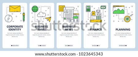 Vector set of vertical banners with Corporate identity, Business travel, Business news, Finance, Planning website templates. Modern thin line flat style design.