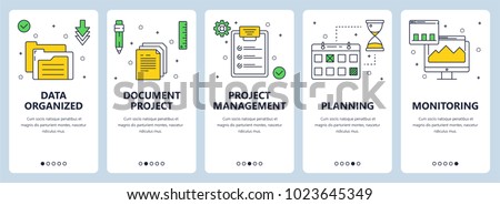 Vector set of vertical banners with Data organized, Document project, Project management, Planning, Monitoring website templates. Modern thin line flat style design.