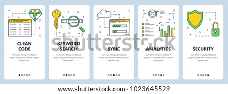 Vector set of vertical banners with Clean code, Keyword search, Sync, Analytics, Security website templates. Modern thin line flat style design.