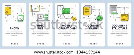 Vector set of vertical banners with Photo, Video file, Mobile operations, Document share, Document structure website templates. Modern thin line flat style design.