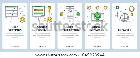 Vector set of vertical banners with User settings, Secure login, User interaction, Social network, Browser website templates. Modern thin line flat style design.