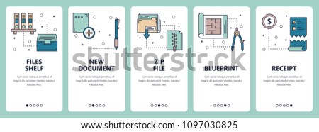 Vector set of vertical banners with Files shelf, New document, Zip file, Blueprint, Receipt website and mobile app templates. Modern thin line flat style design.