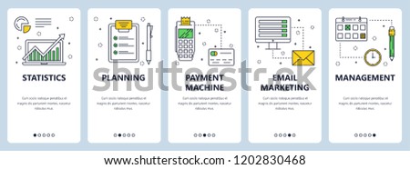 Vector web site linear art onboarding screens template. Statistic, planing and marketing icons. Menu banners for website and mobile app development. Modern design flat illustration