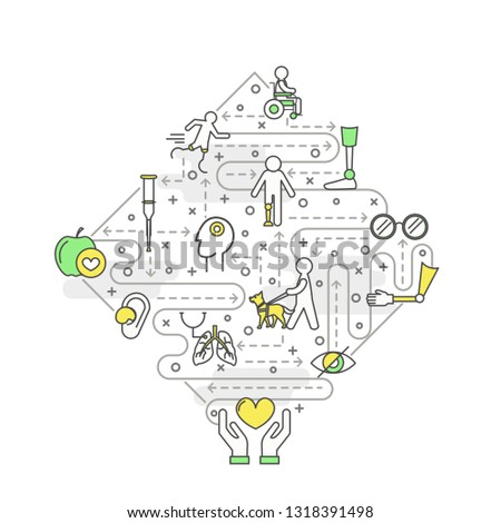 Disabled people vector poster banner template. Blind, handicapped man in wheelchair, runner on artificial legs, hearing aid, arm and leg prosthesis stick crutcher thin line flat icons in rhombus shape