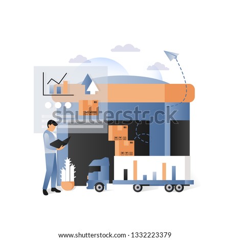 Vector illustration of warehouse, delivery truck, parcels, worker, statistics bar graphs and charts. Delivery logistics shipping transportation concepts for web banner, website page, presentation etc.