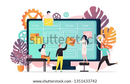 Vector illustration of big computer and programmer team moving cards on electronic kanban task board. Online kanban board app, agile visual project management method, teamwork concepts.