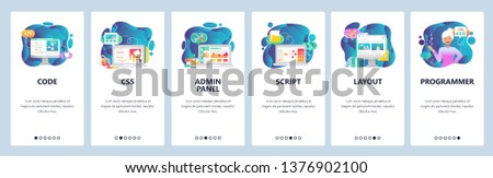 Mobile app onboarding screens. Female developer, programming code, admin panel and java script. Menu vector banner template for website and mobile development. Web site design flat illustration.