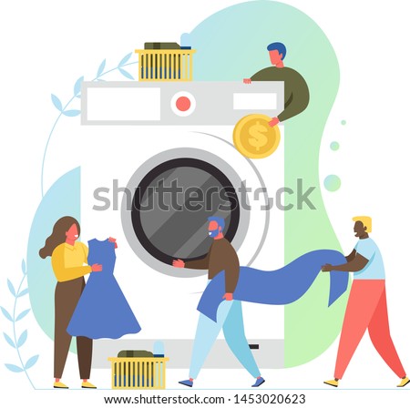 Laundry room with tiny characters loading big washing machine and putting coin into it, vector flat style design illustration. Self-service laundry concept for web banner, website page etc.