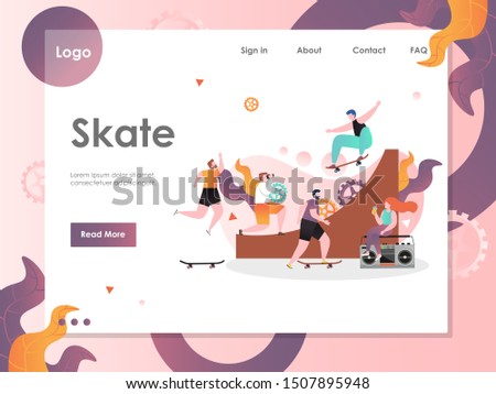 Skate vector website template, web page and landing page design for website and mobile site development. Vert skateboarding concept with young people riding skateboards on skate ramp.