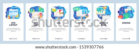 Mobile app onboarding screens. Female software engineer, html and css coding, build a site. Menu vector banner template for website and mobile development. Web design flat illustration.