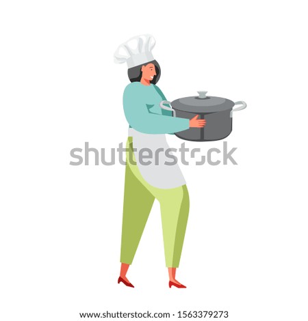 Woman chef cook holding big pan, vector flat illustration isolated on white background. Restaurant worker in uniform cooking.