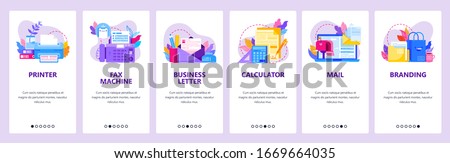 Office electronic and business accessories. Printer, fax machine, business letter. Mobile app onboarding screens. Vector banner template for website mobile development. Web site design illustration.