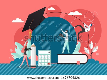 Study at the university, vector flat illustration. Huge planet Earth globe with graduation hat and micro characters students with book, pencil, calculator. Global study, education, knowledge.