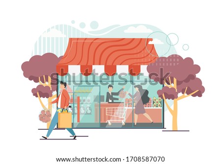 Grocery shop with seller cashier male and shopper female buying apples, vector flat style design illustration. Grocery store, supermarket.