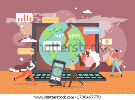 Online fake news concept flat vector illustration. Tiny people and huge laptop computer with cracked planet Earth globe, journalist with mic on screen. Online news media, disinformation, propaganda.