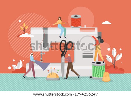 Seamstress dressmaker tiny male female characters sewing apparel, vector flat illustration. Big sewing machine, scissors, thread, cushion with pins, thimble. Tailoring workshop, atelier fashion.