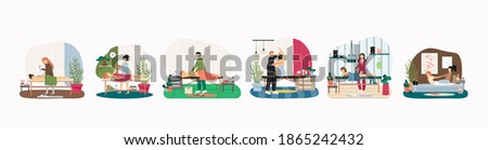 Massage therapy and relaxing spa body skincare procedures, flat vector illustration. People getting arm, back, leg, hot stone massage, Osteopathy, physiotherapy.
