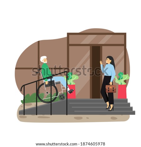 Disabled senior man in wheelchair using staircase with accessibility ramp at house entrance, flat vector illustration. Wheelchair ramps for home accessibility. Disabled person lifestyle. Photo stock © 