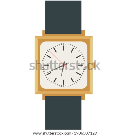 Male wrist watch with square analog dial vector. Classic model of wristwatch isolated on white background. Clock with black hand strap bracelet illustration
